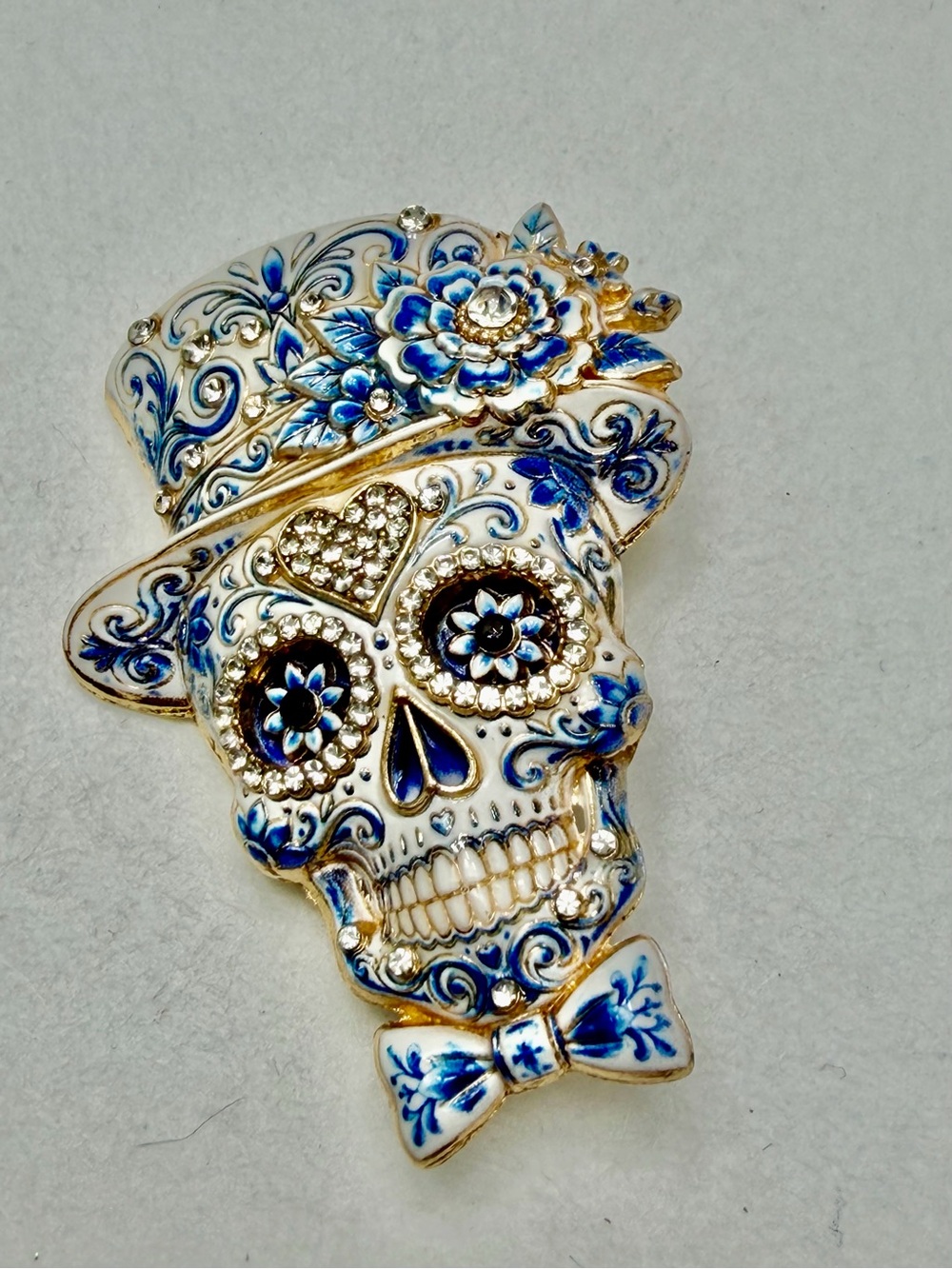 Blue & White Sugar  Skull Brooch with Rhinestones #H06